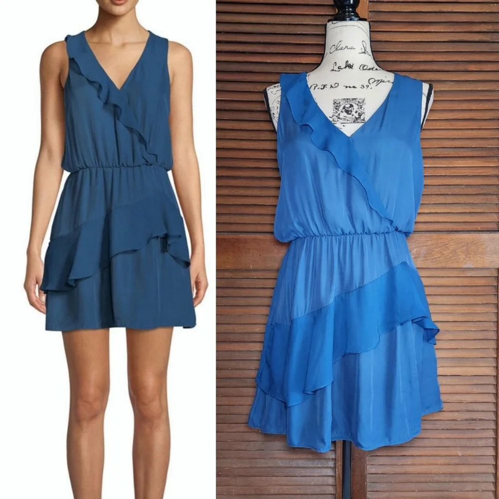 Parker Silk Blend V Neck Ruffle Mini Dress - Picture 1 of 13